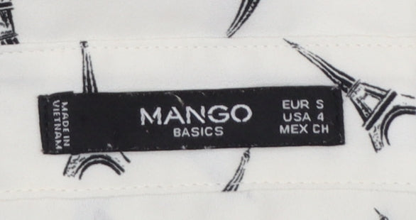 Mango Women White Eiffel Print Button-Up Long Sleeve Shirt Size 8