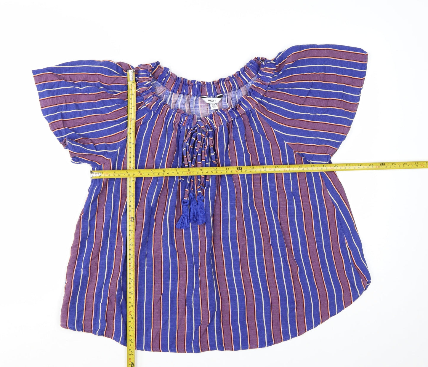 Next Women Blue Striped Bohemian Tassel Short Sleeve Blouse Size S