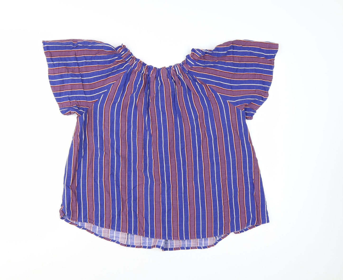 Next Women Blue Striped Bohemian Tassel Short Sleeve Blouse Size S