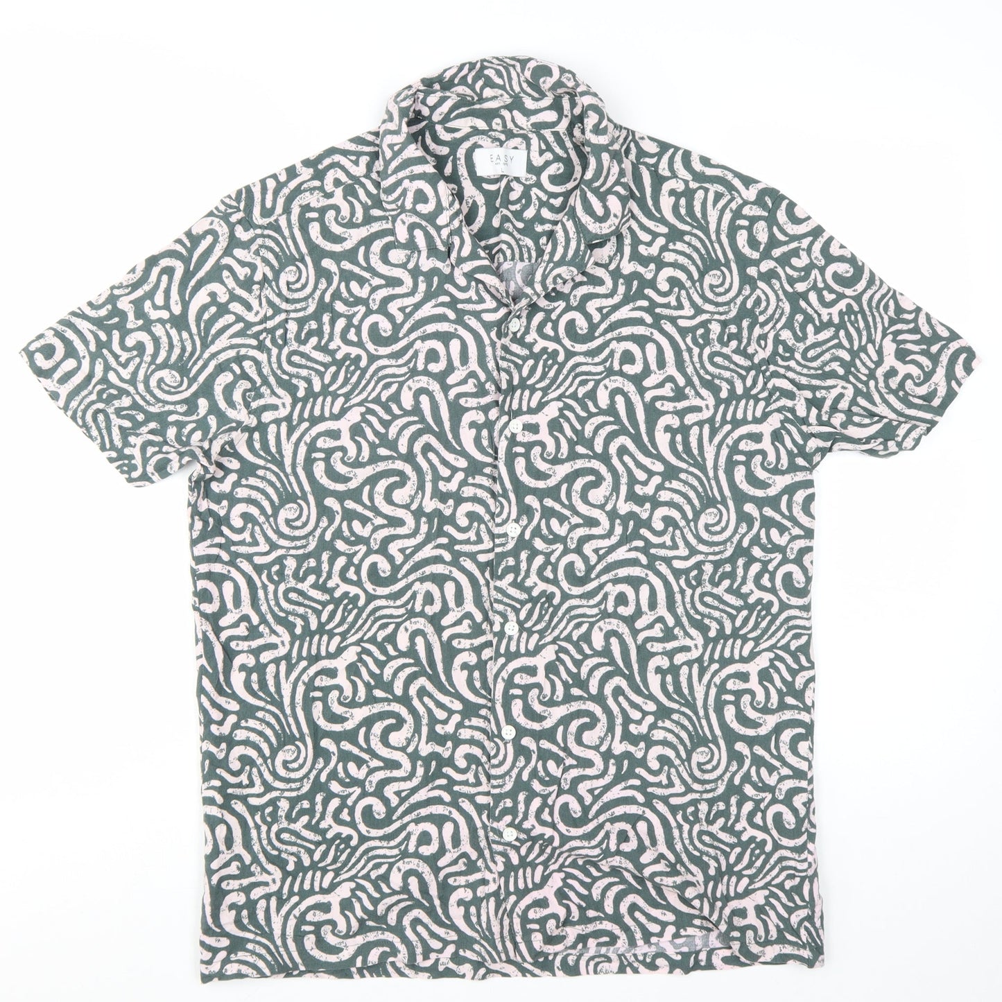 Easy Men's Green Geometric Short Sleeve Button-Up Shirt Size L