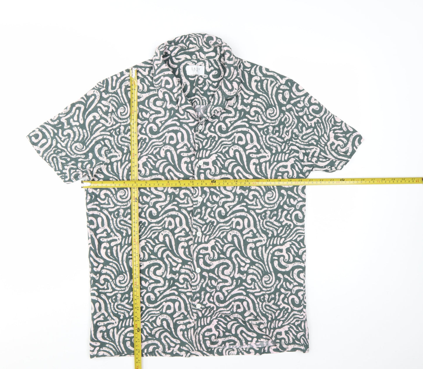 Easy Men's Green Geometric Short Sleeve Button-Up Shirt Size L