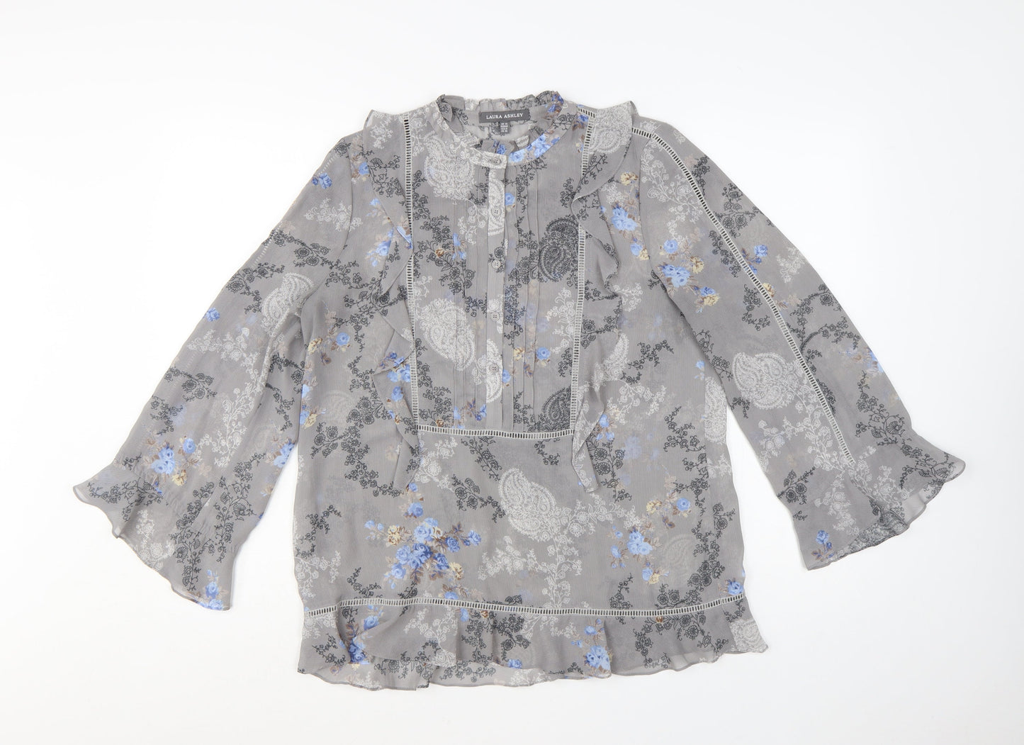 Laura Ashley Women's Grey Floral Chiffon Ruffle Tunic Blouse UK 10