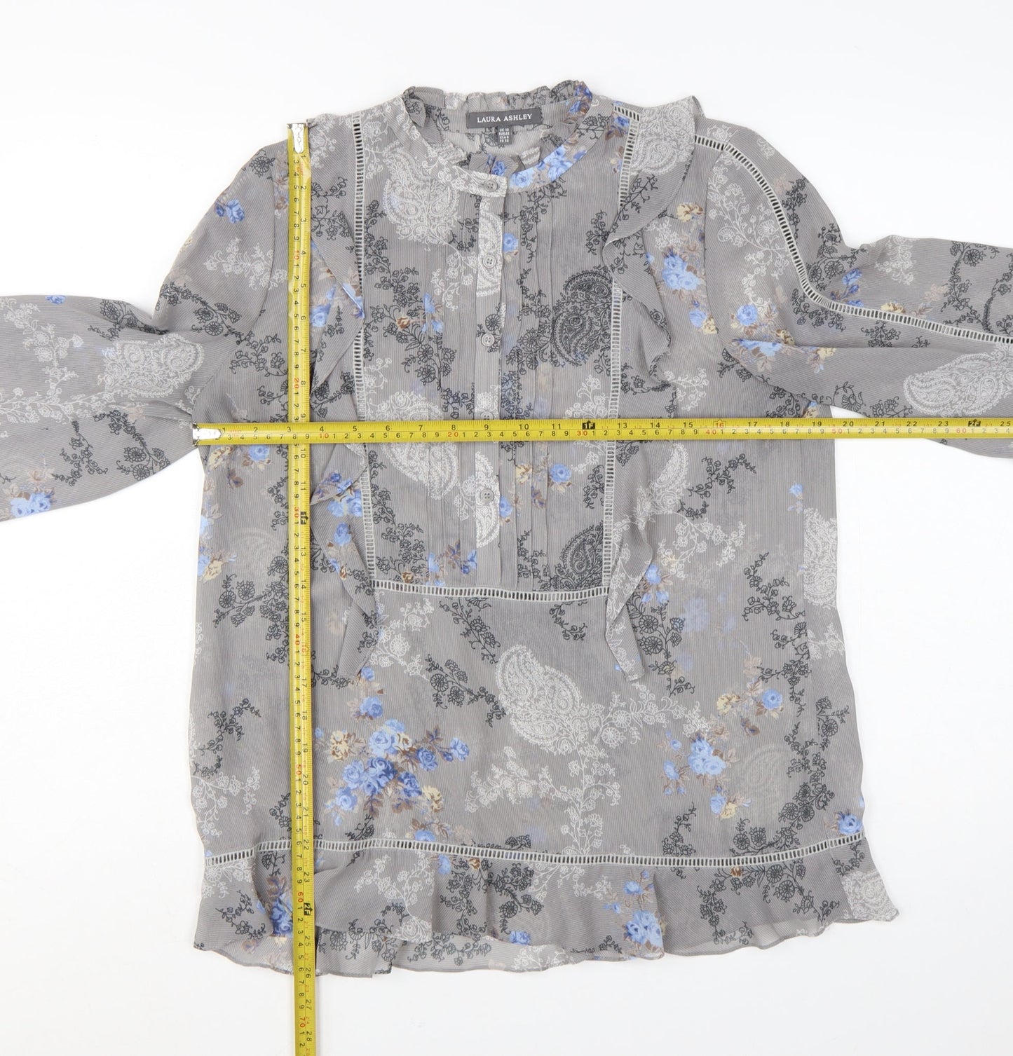Laura Ashley Women's Grey Floral Chiffon Ruffle Tunic Blouse UK 10