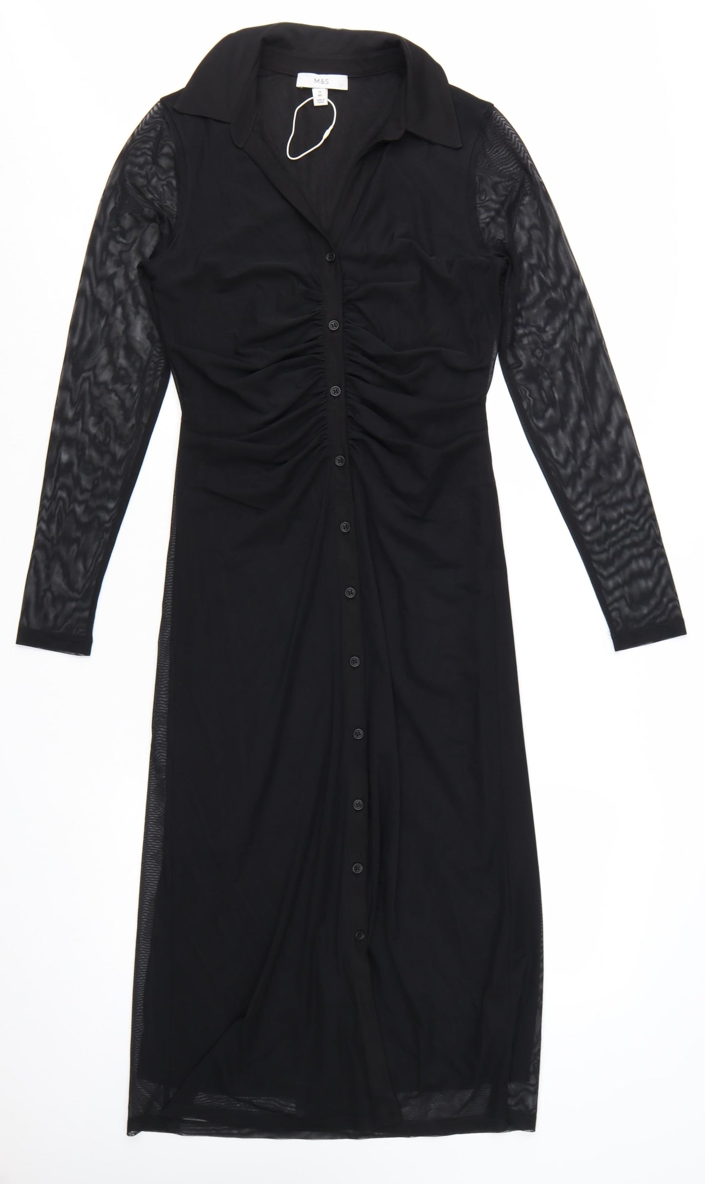 Marks and Spencer Women’s Black Ruched Mesh Long Sleeve Shirt Midi Dress Size 10