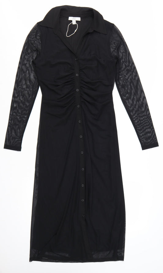 Marks and Spencer Women’s Black Ruched Mesh Long Sleeve Shirt Midi Dress Size 10