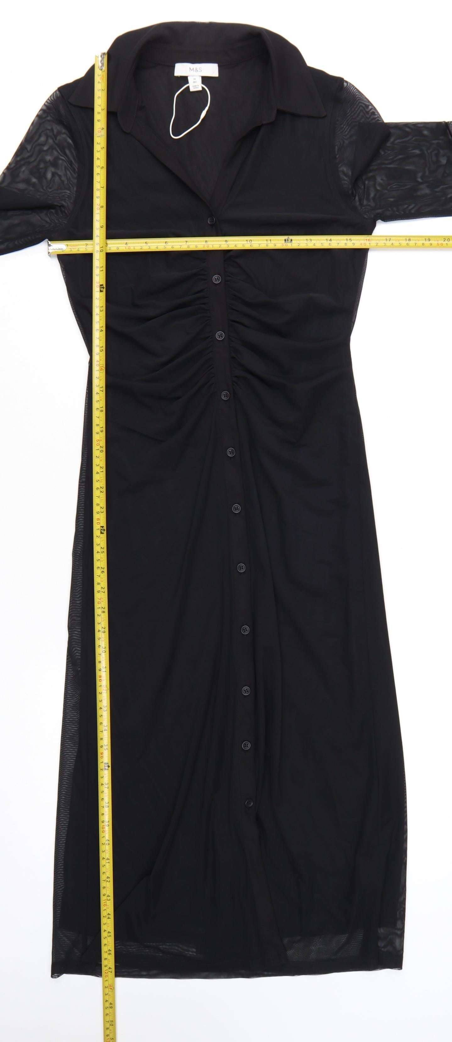 Marks and Spencer Women’s Black Ruched Mesh Long Sleeve Shirt Midi Dress Size 10