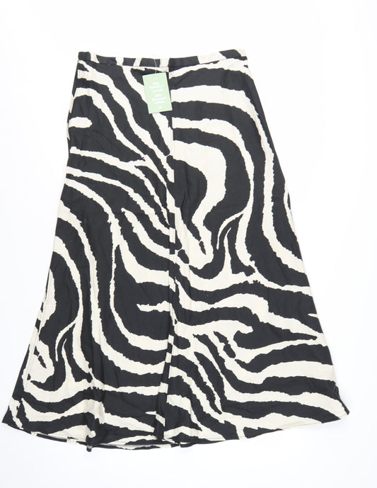 H&M Women's Black Animal Print A-Line Midi Skirt Size 14