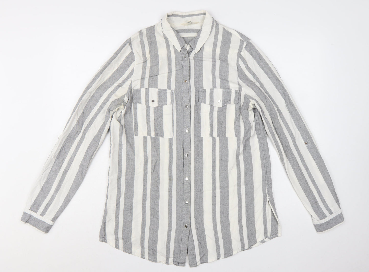 River Island Women Grey Striped Long Sleeve Collared Button-Up Shirt Size 10