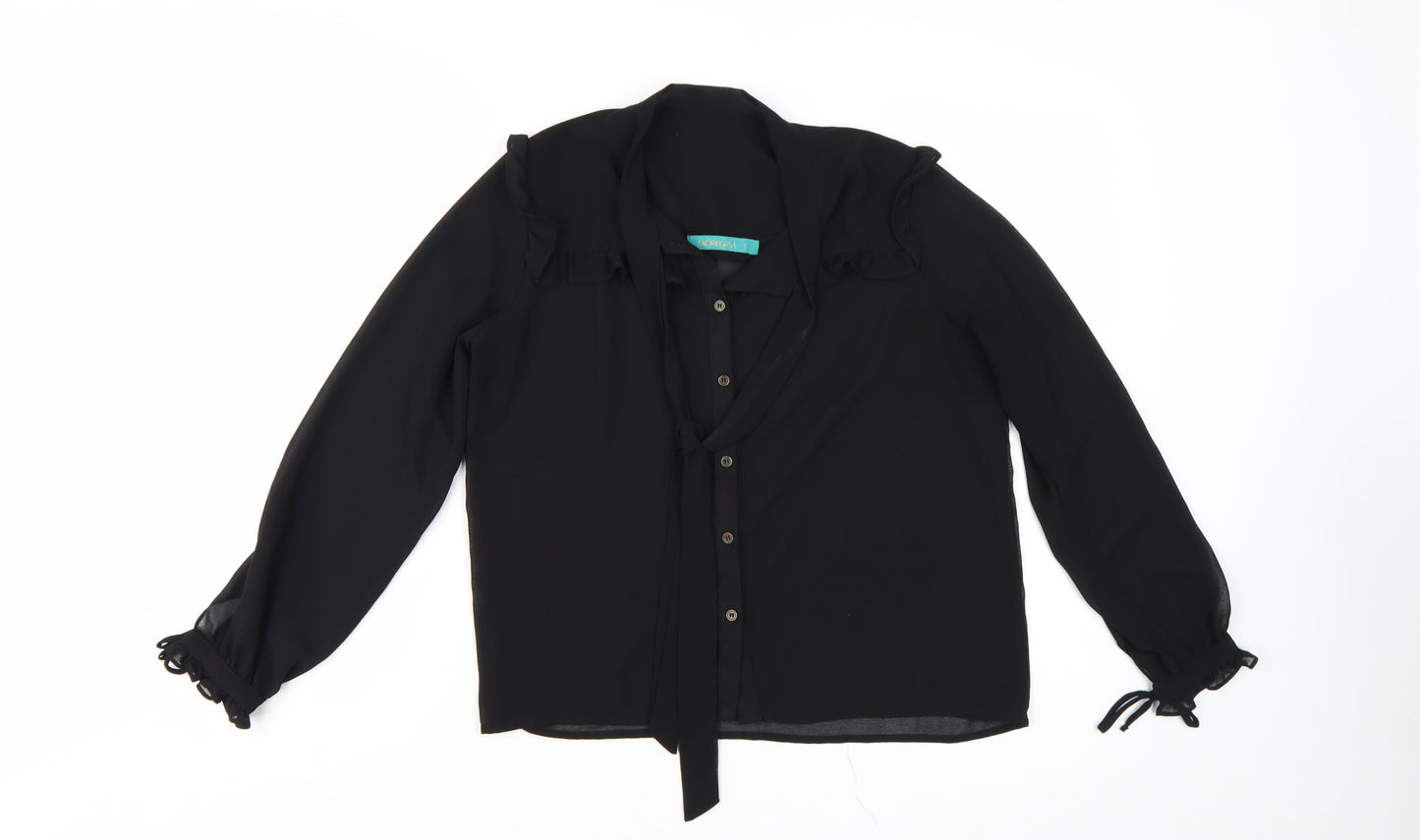 Morfema Women's Black Ruffle Button-Up Long Sleeve Chiffon Blouse Size S
