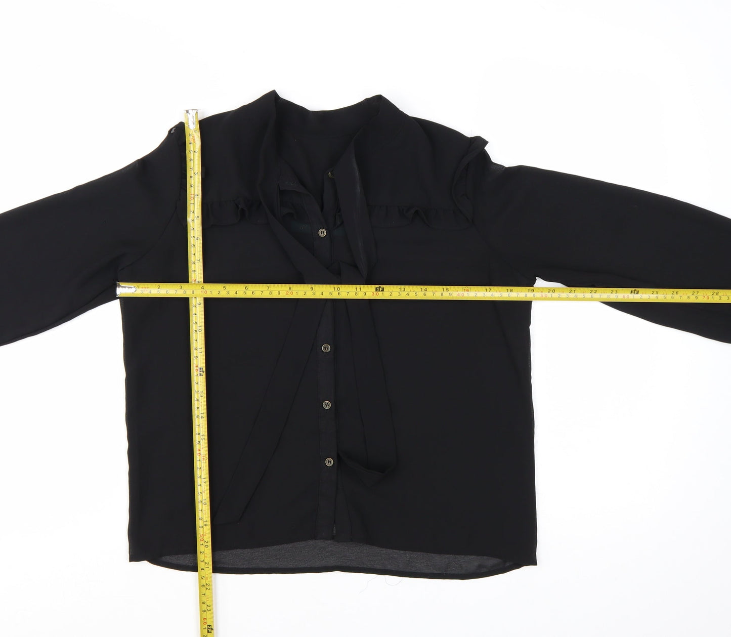 Morfema Women's Black Ruffle Button-Up Long Sleeve Chiffon Blouse Size S