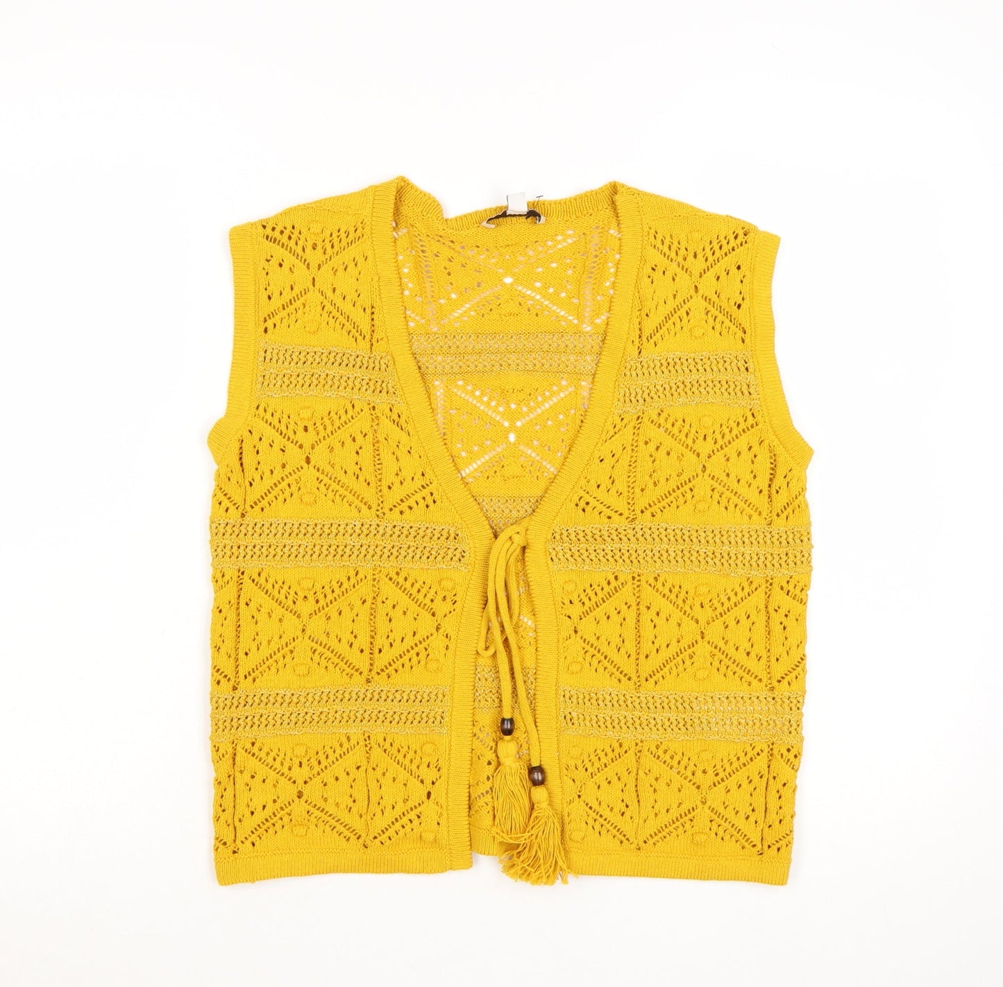 Marks and Spencer Women's Yellow Crochet Tassel V-Neck Sleeveless Top Size S