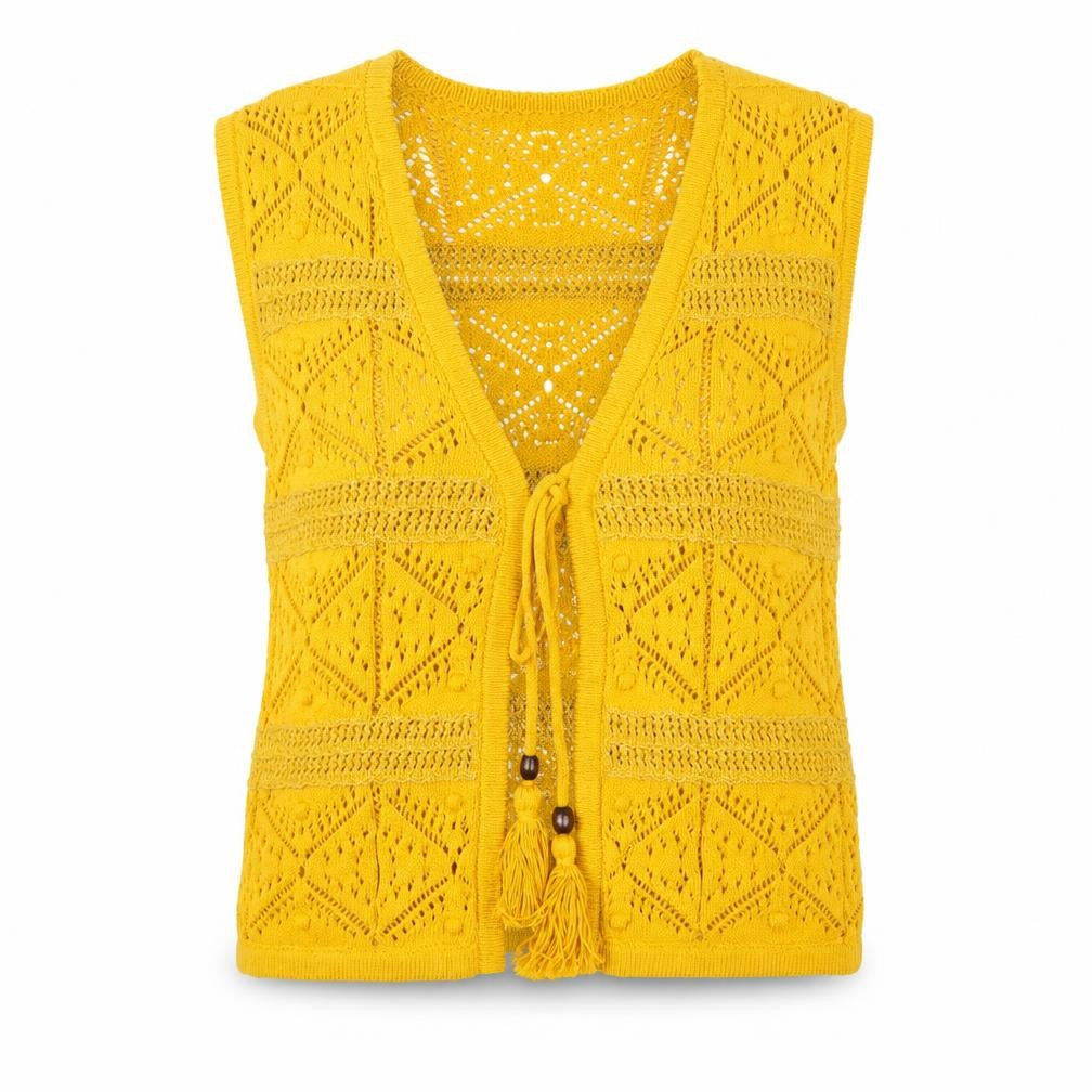 Marks & Spencer Women's Yellow Crochet Tassel V-Neck Sleeveless Top Size S