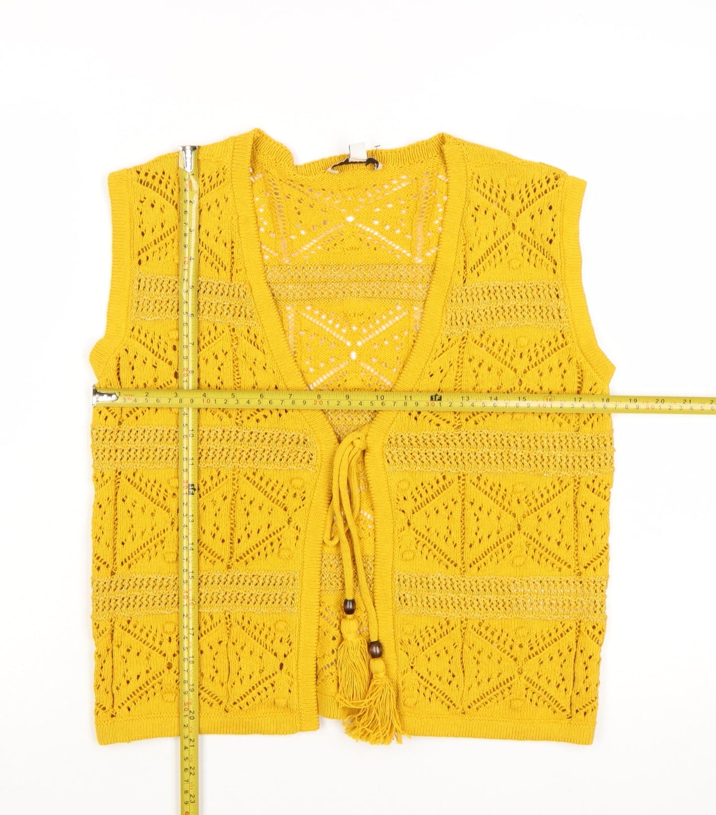 Marks and Spencer Women's Yellow Crochet Tassel V-Neck Sleeveless Top Size S
