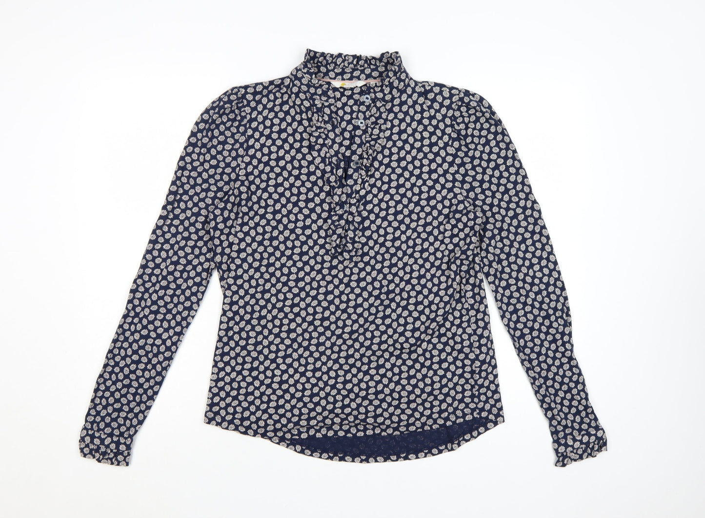 Boden Women's Blue Floral Ruffle High Neck Cotton Blouse Size 12