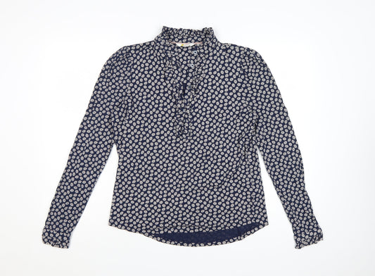 Boden Women's Blue Floral Ruffle High Neck Cotton Blouse Size 12