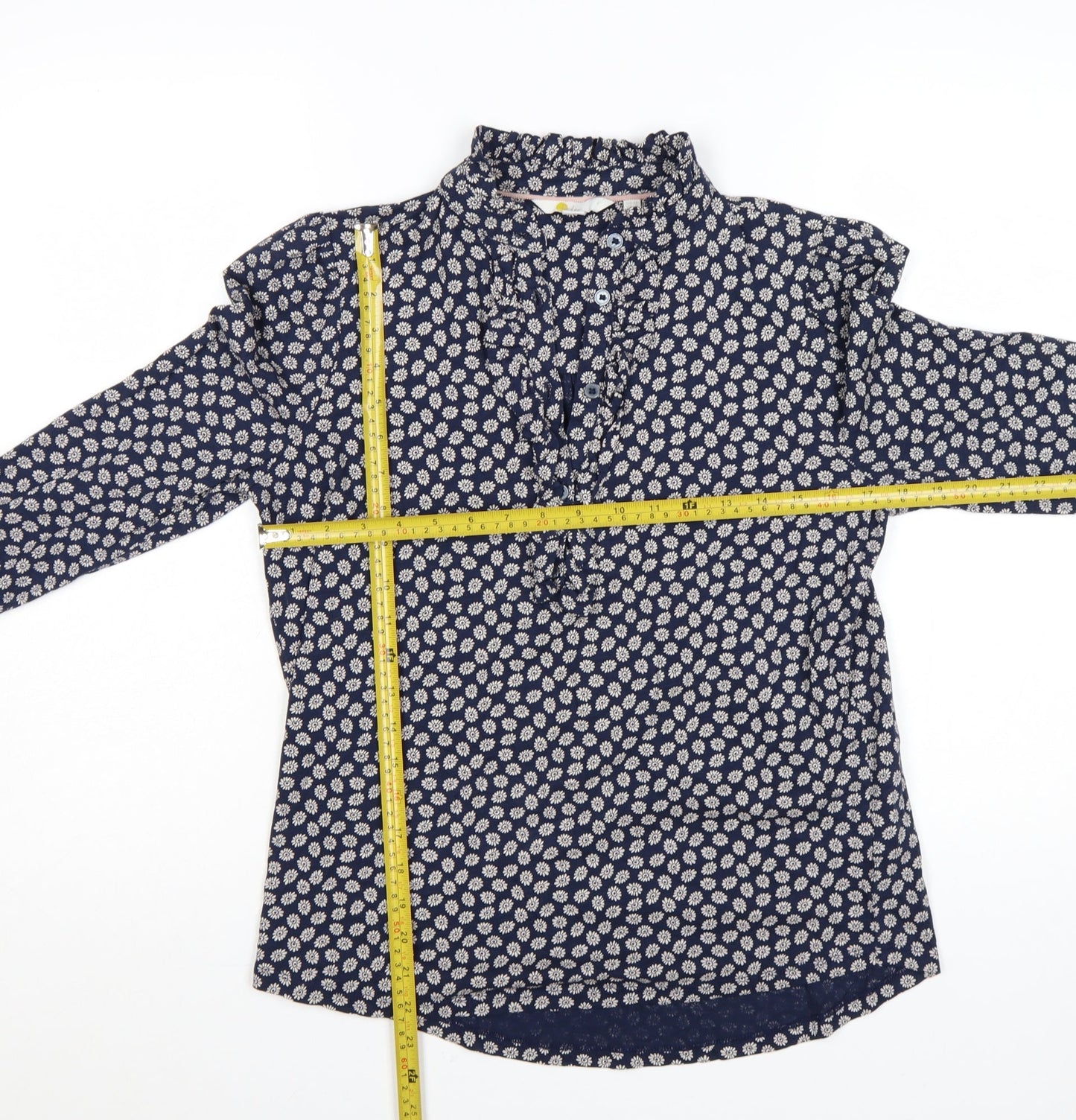 Boden Women's Blue Floral Ruffle High Neck Cotton Blouse Size 12