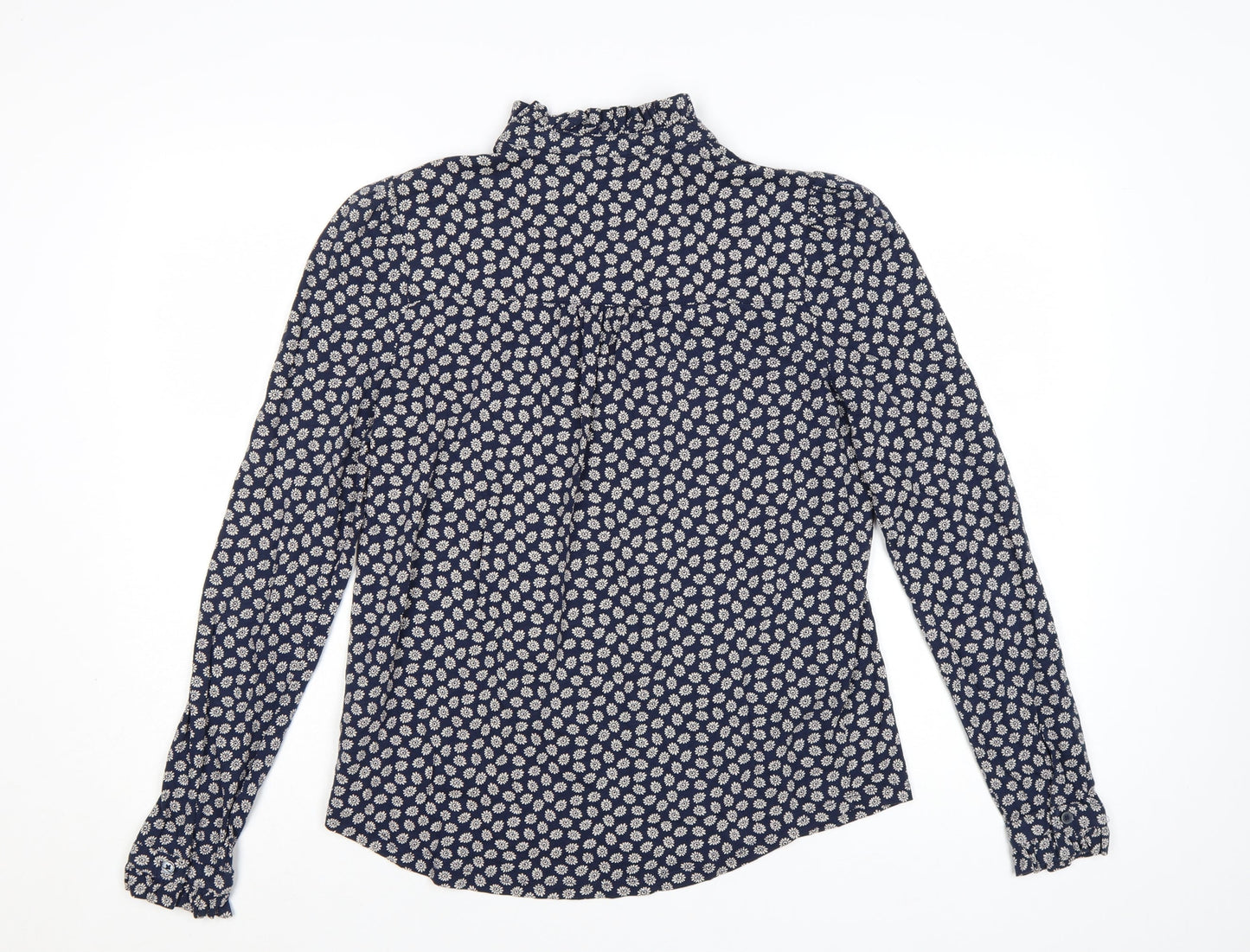 Boden Women's Blue Floral Ruffle High Neck Cotton Blouse Size 12