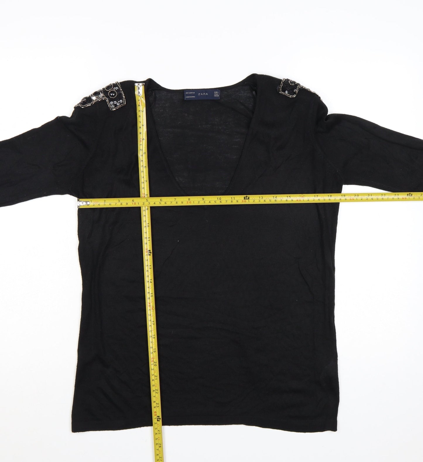 Zara Women Black V-Neck Beaded Shoulder Acrylic Jumper Size 14