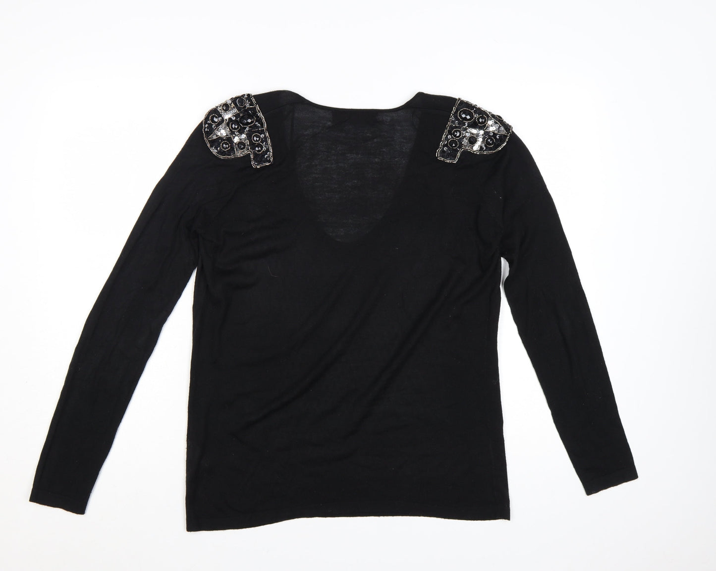 Zara Women Black V-Neck Beaded Shoulder Acrylic Jumper Size 14
