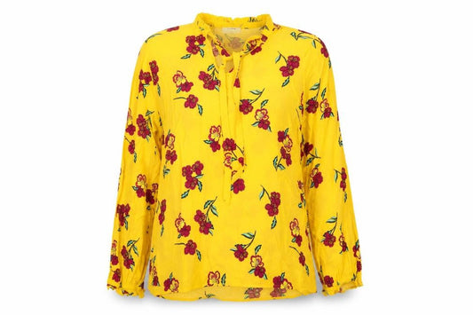 Front view of Papaya Women's Yellow Floral Tunic Blouse, size 14, Long Sleeve Viscose