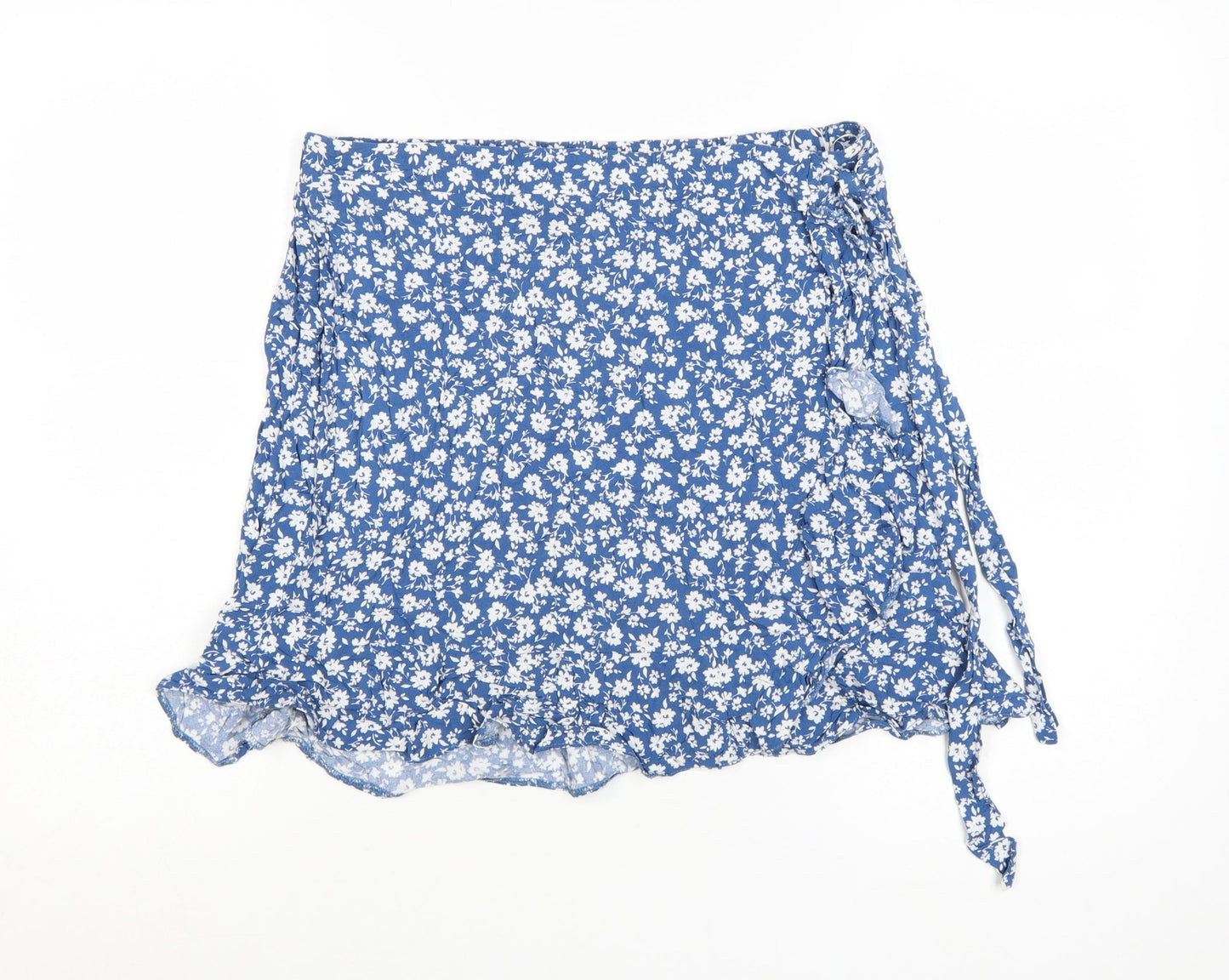 New Look Women Blue Floral Wrap Short Skirt Size 14 Summer Viscose Ruffle