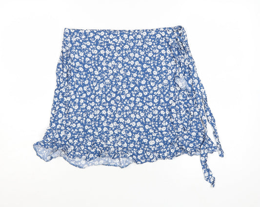 New Look Women Blue Floral Wrap Short Skirt Size 14 Summer Viscose Ruffle