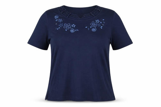 Eternal Womens Blue Embroidered Floral Cotton T-Shirt Size 14-16