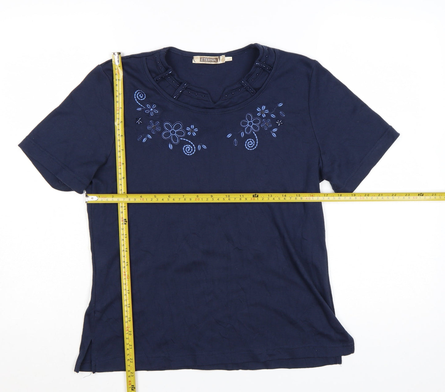 Eternal Womens Blue Embroidered Floral Cotton T-Shirt Size 14-16