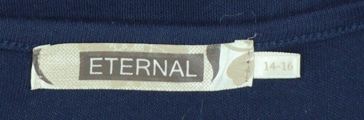 Eternal Womens Blue Embroidered Floral Cotton T-Shirt Size 14-16