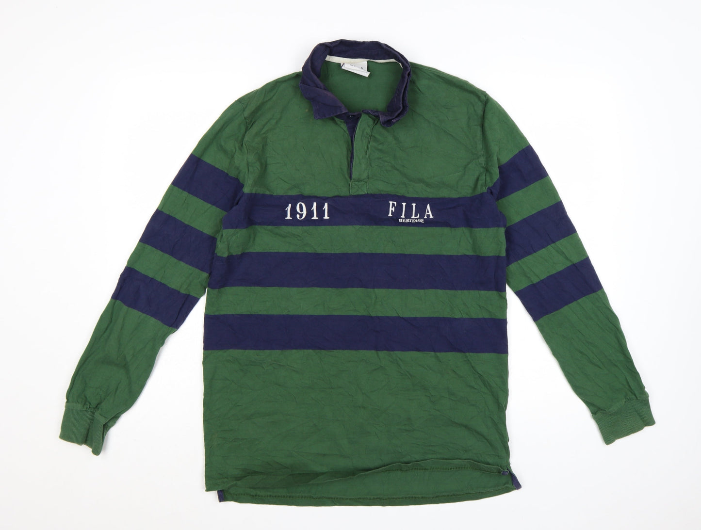 Fila Heritage Men's Green Striped Long Sleeve Rugby Polo Shirt M