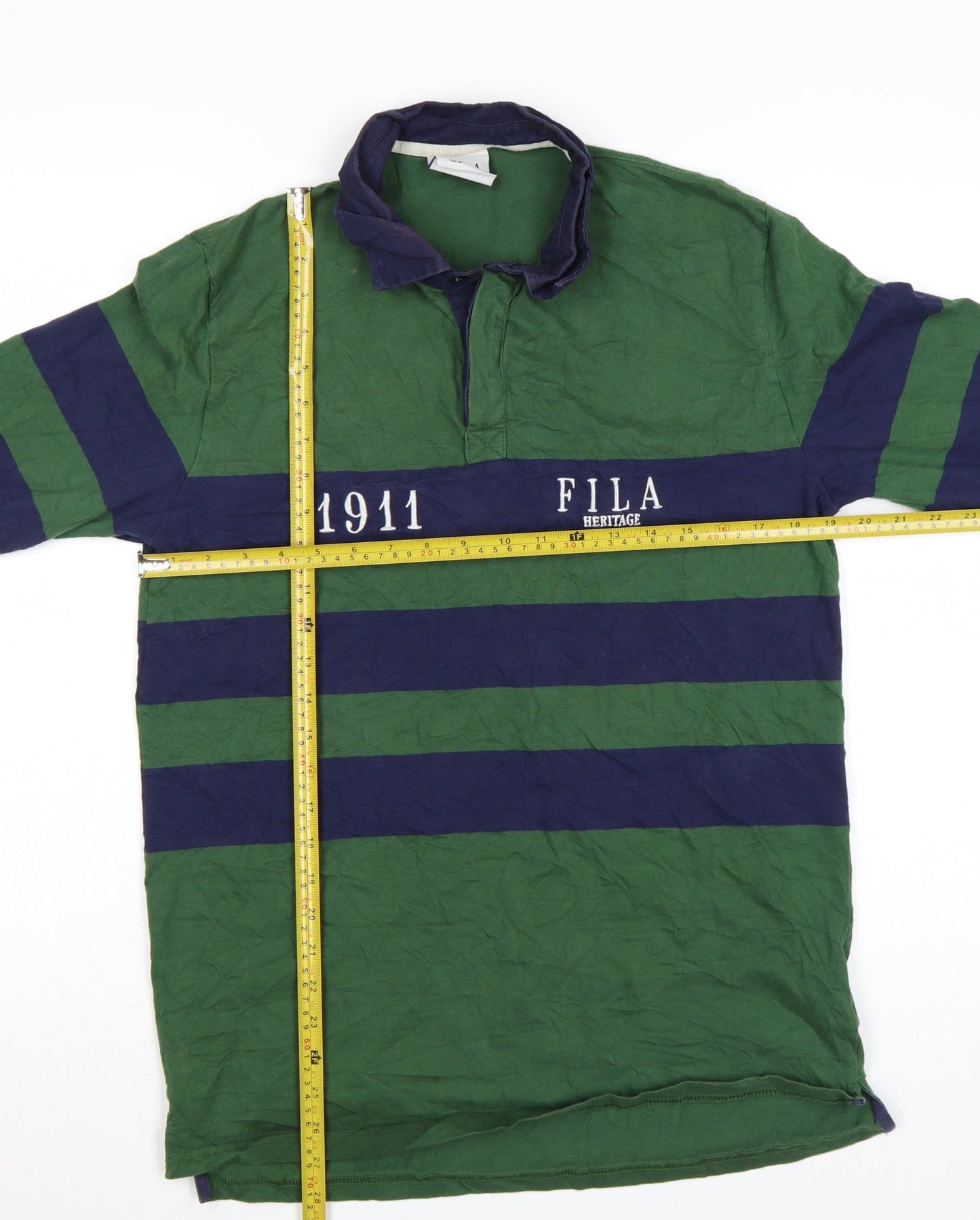 Fila Heritage Men's Green Striped Long Sleeve Rugby Polo Shirt M