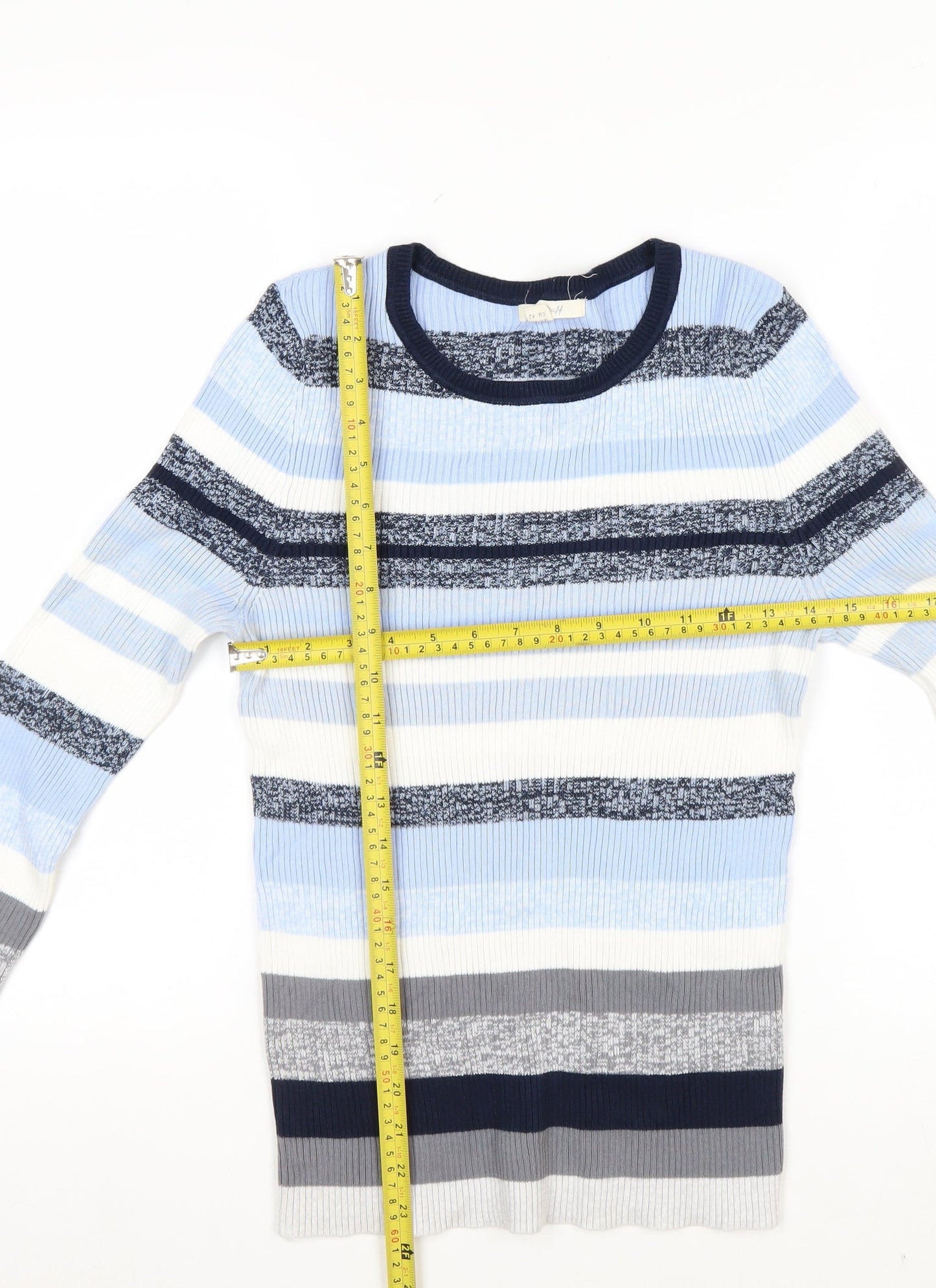 White Stuff Women Blue Striped Long Sleeve Knit Cotton Top UK 14