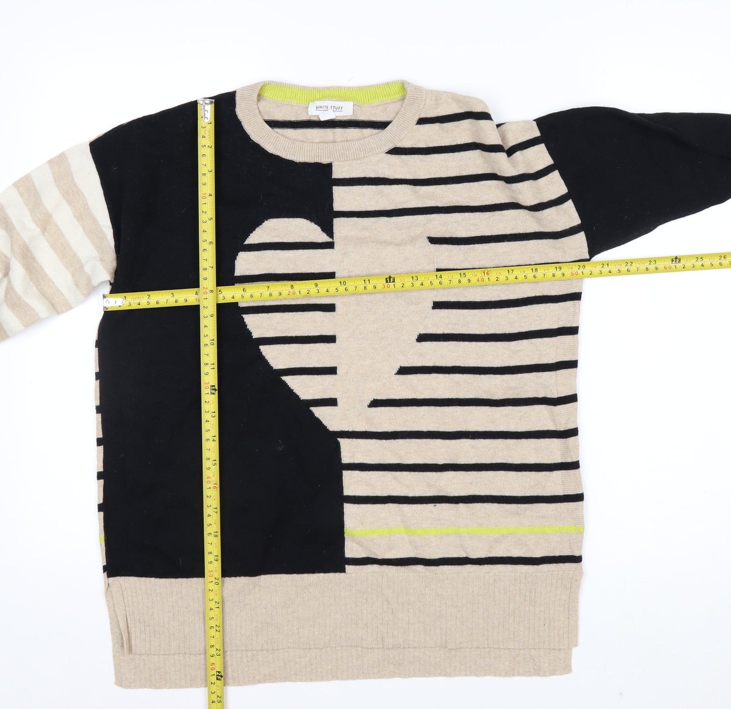 White Stuff Women’s Beige Striped Merino Wool Cotton Crew Neck Jumper Size 12