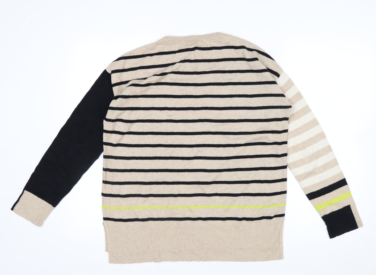 White Stuff Women’s Beige Striped Merino Wool Cotton Crew Neck Jumper Size 12