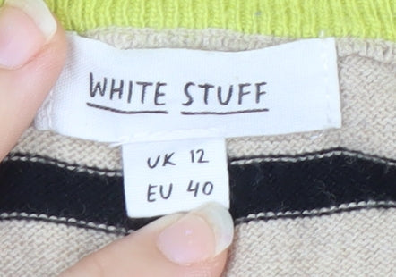 White Stuff Women’s Beige Striped Merino Wool Cotton Crew Neck Jumper Size 12