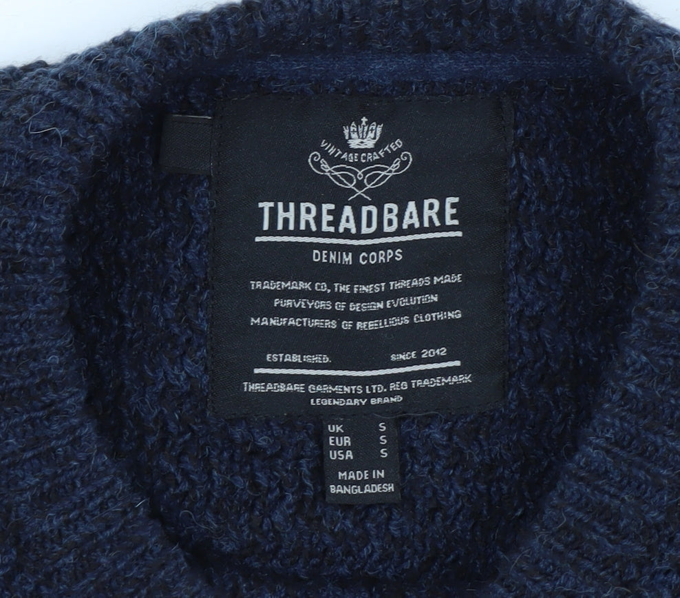Threadbare Men's Blue Chunky Knit Crew Neck Jumper Size S