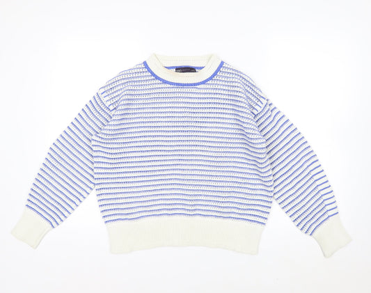 Marks and Spencer Women's Blue Striped Crew Neck Cotton Jumper M