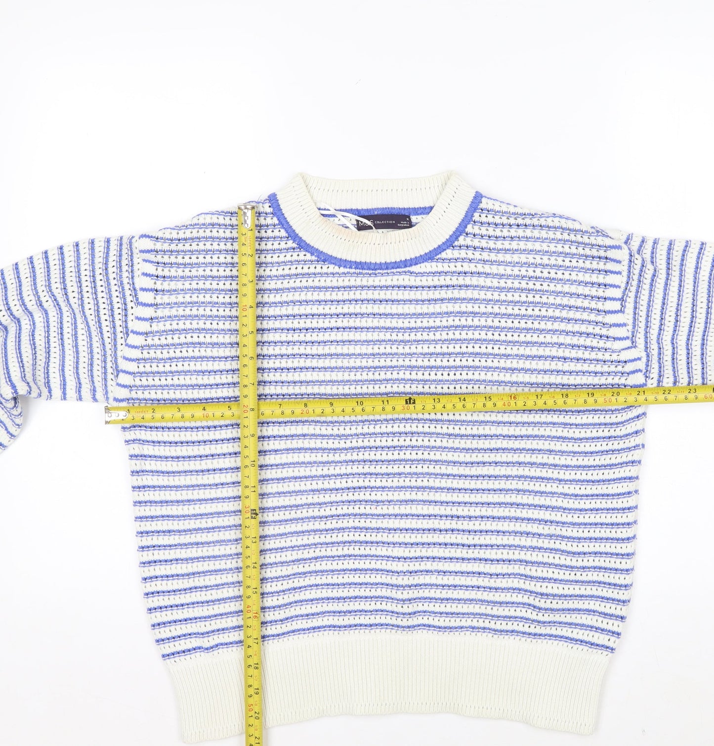 Marks and Spencer Women's Blue Striped Crew Neck Cotton Jumper M