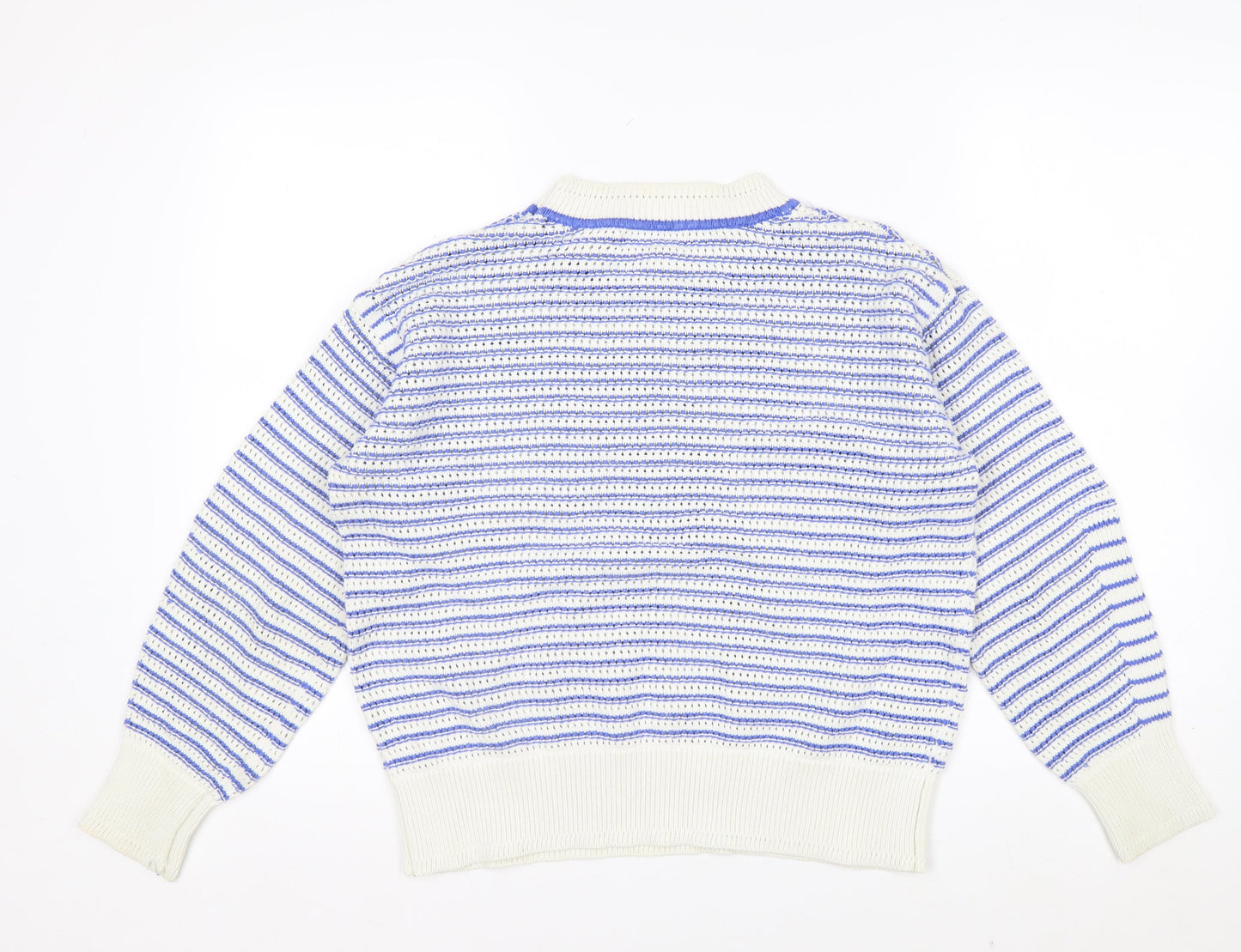 Marks and Spencer Women's Blue Striped Crew Neck Cotton Jumper M