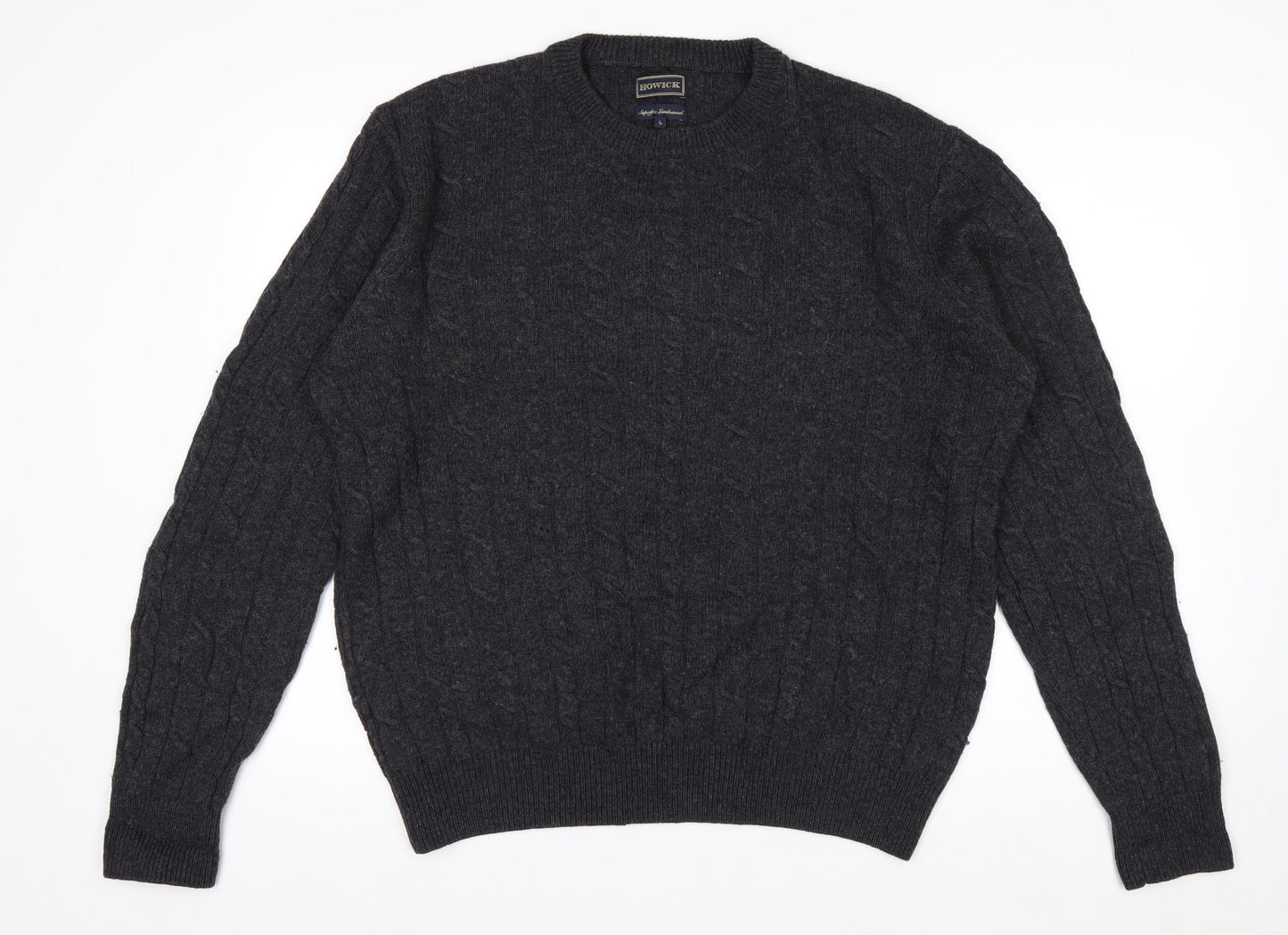 Howick Men’s Grey Lambswool Cable Knit Crew Neck Jumper L