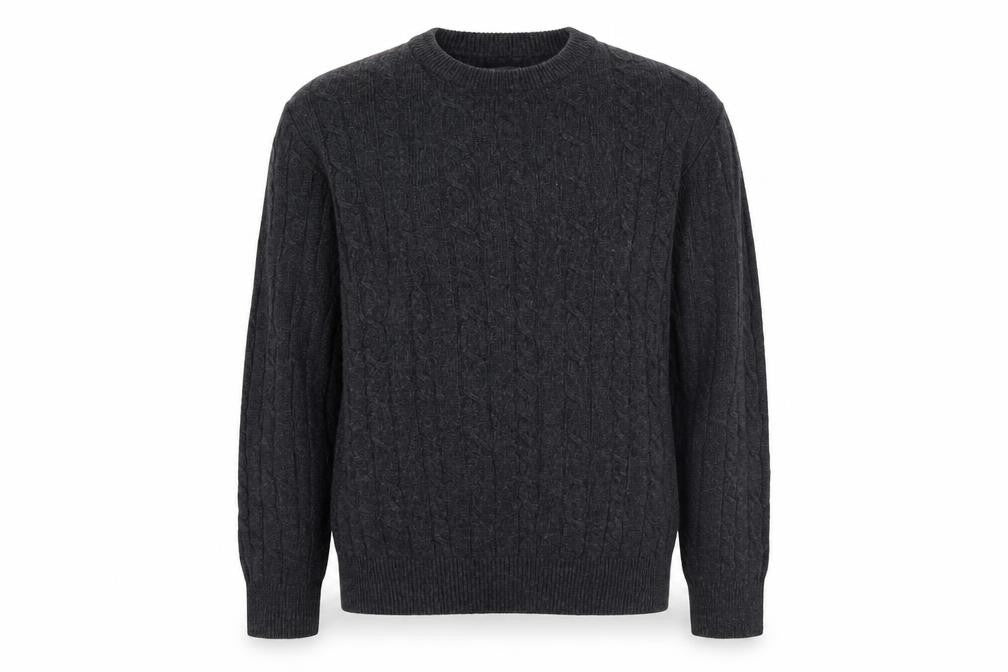 Howick Men’s Grey Lambswool Cable Knit Crew Neck Jumper L