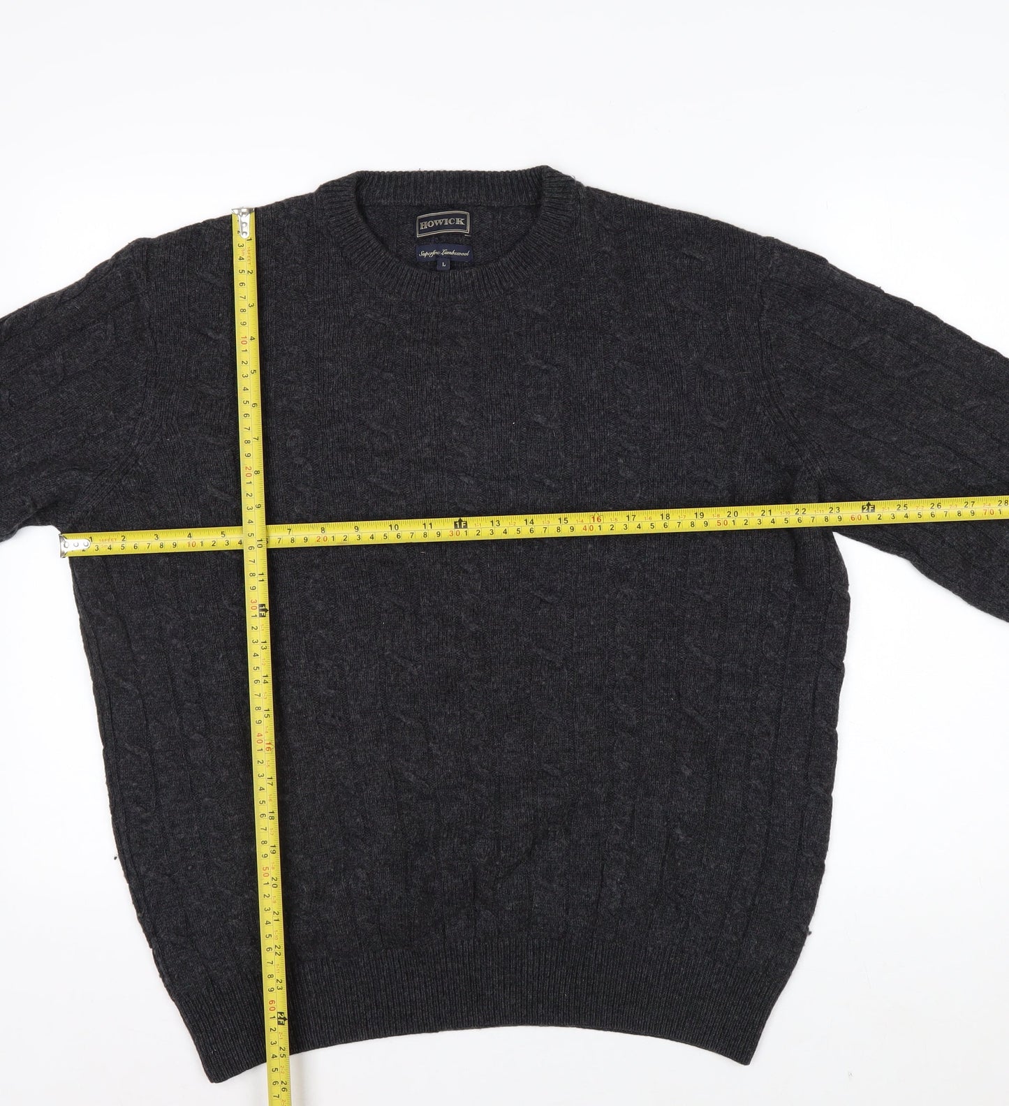 Howick Men’s Grey Lambswool Cable Knit Crew Neck Jumper L
