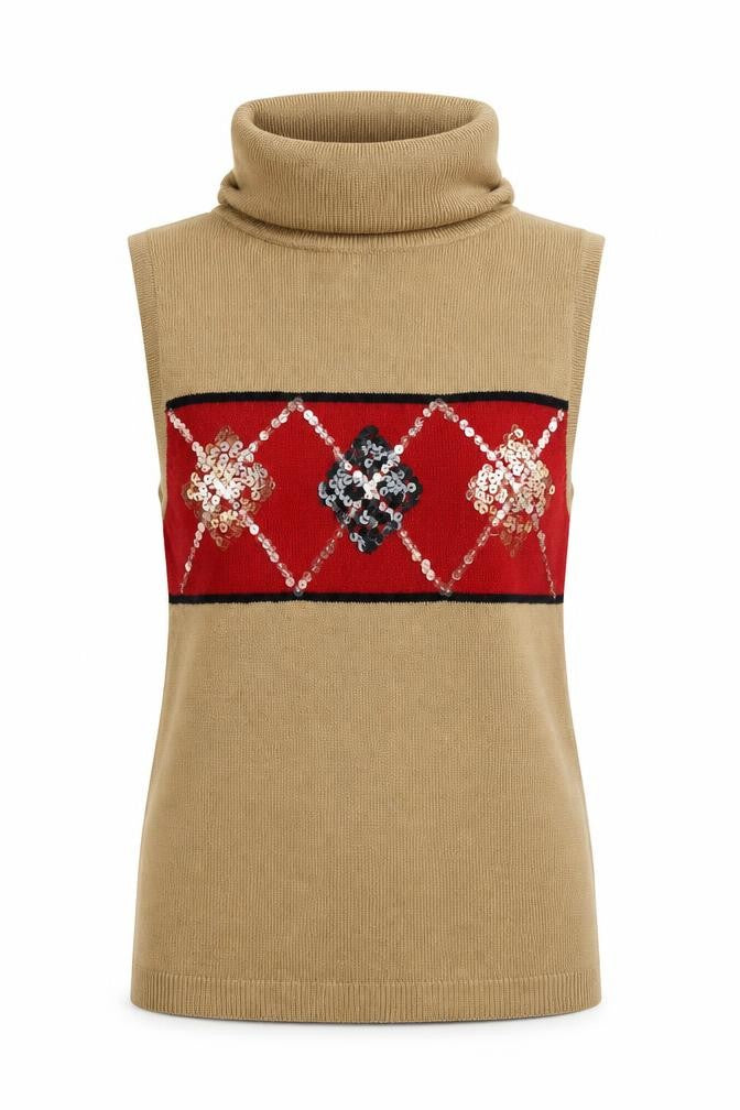 Porte à Porte Women Beige Roll Neck Sleeveless Sequin Jumper S
