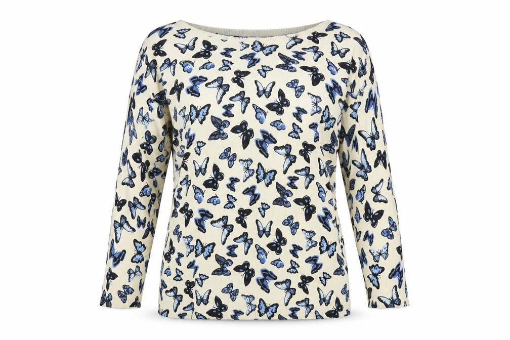 Amaryllis Womens Beige Blue Butterfly Print Cotton Long Sleeve Top S
