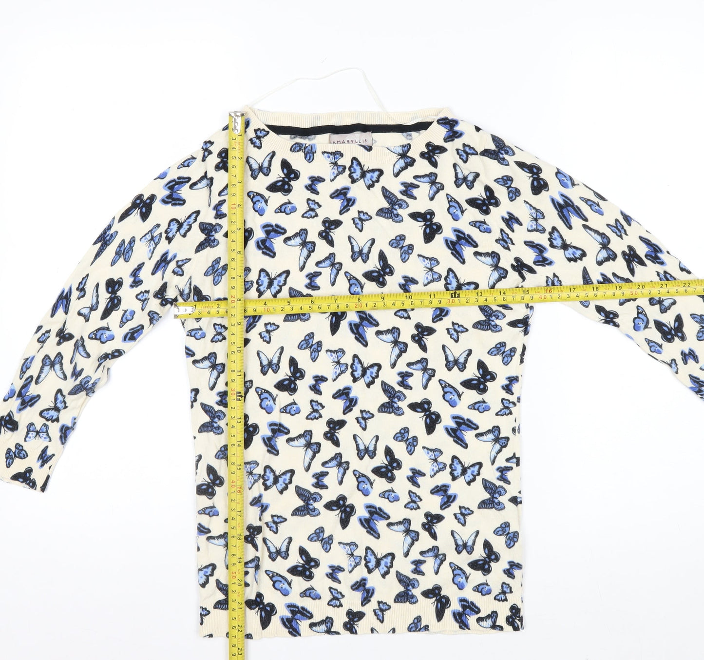 Amaryllis Womens Beige Blue Butterfly Print Cotton Long Sleeve Top S