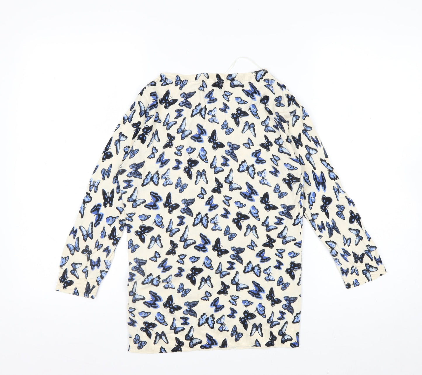 Amaryllis Womens Beige Blue Butterfly Print Cotton Long Sleeve Top S