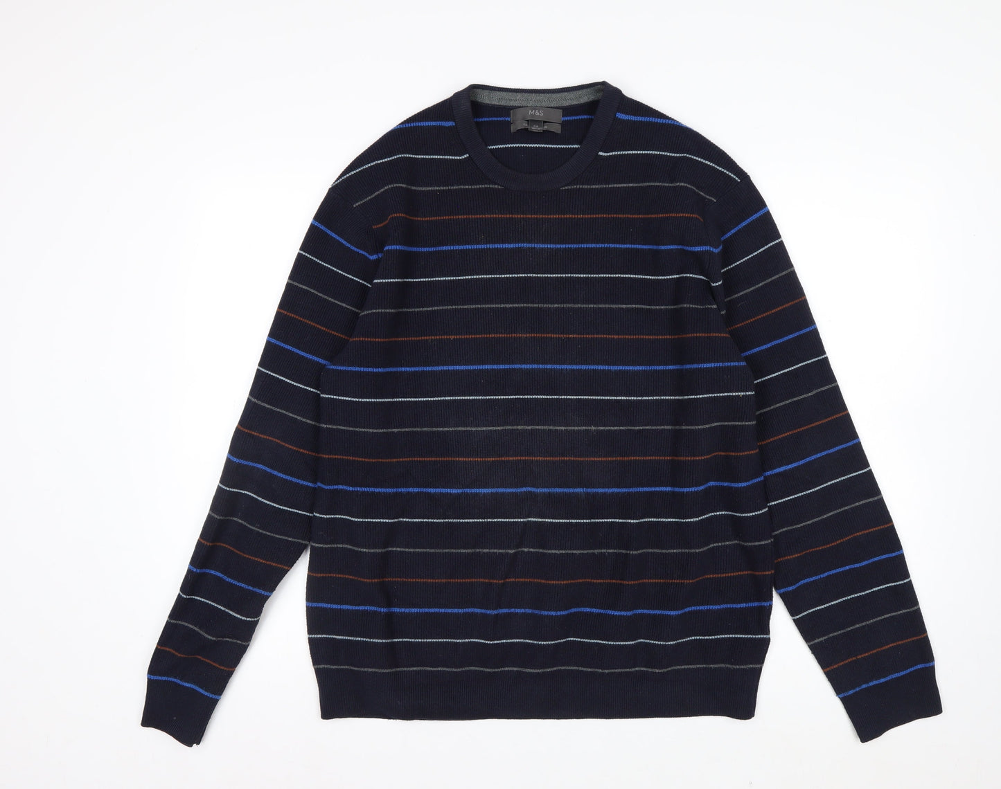 Marks and Spencer Men's Blue Striped Cotton Blend Crew Neck Jumper L