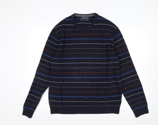 Marks and Spencer Men's Blue Striped Cotton Blend Crew Neck Jumper L