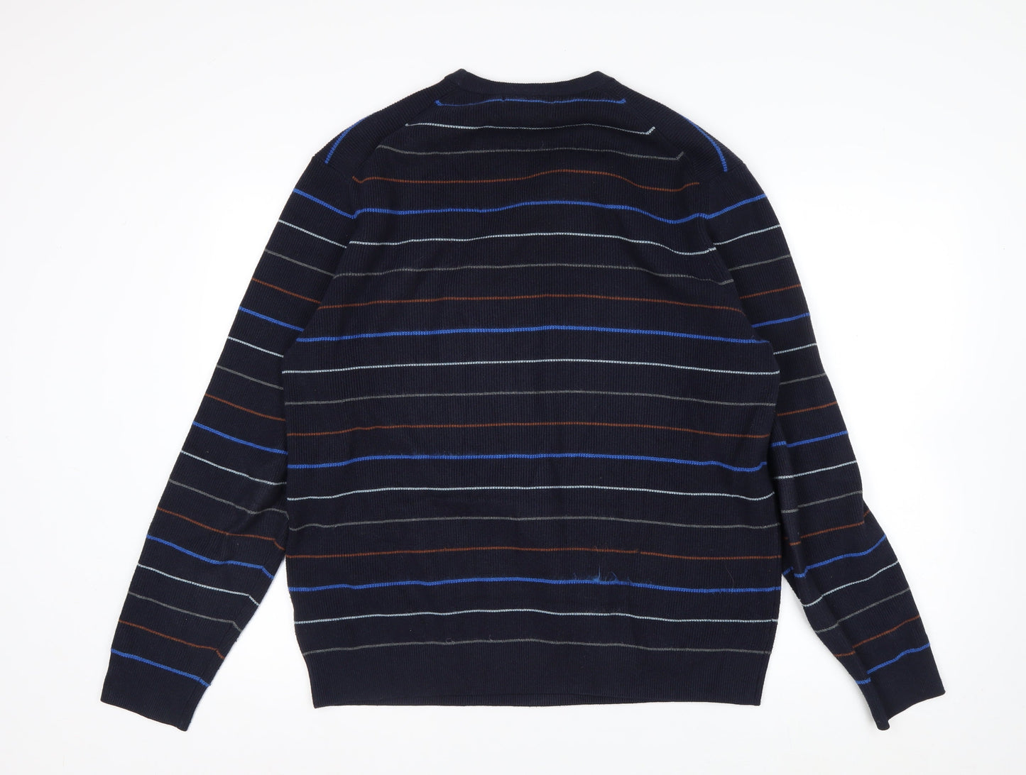 Marks and Spencer Men's Blue Striped Cotton Blend Crew Neck Jumper L