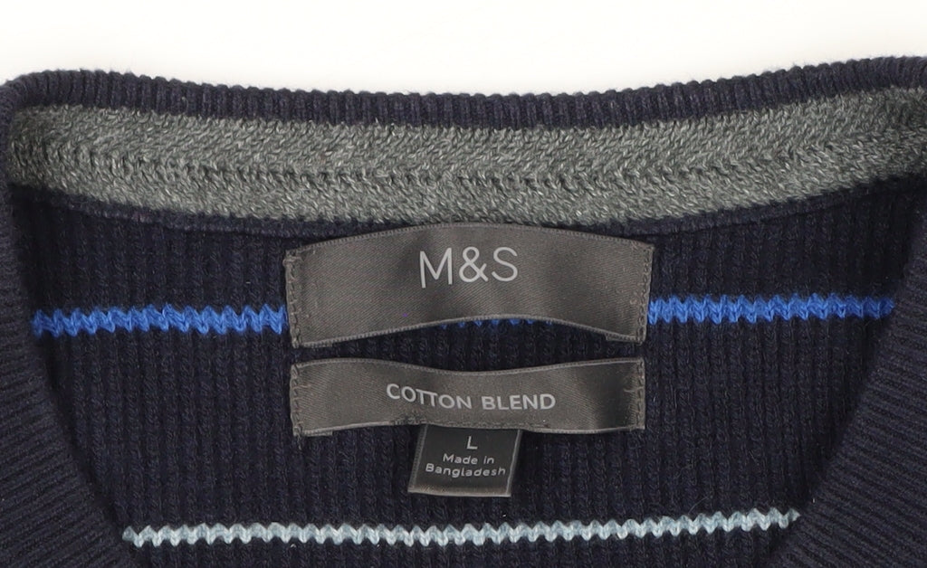 Marks and Spencer Men's Blue Striped Cotton Blend Crew Neck Jumper L
